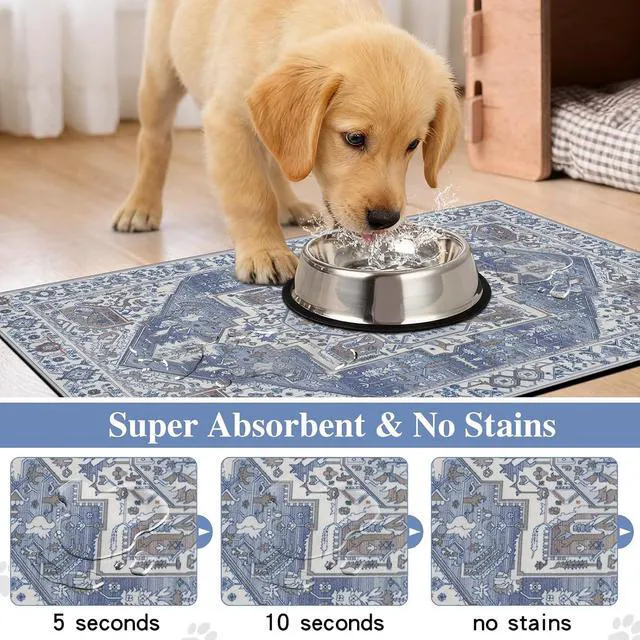 Alt view image 2 of 7 - Dog Food Mat, Absorbent Cat Dog Mats for Food and Water, No Stains Quick Dry Pet Cat Bowl Mats with Non Slip Backing, Boho Pet Feeding Mat for Floor Waterproof 12"x20"