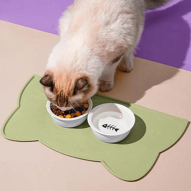 Alt view image 2 of 7 - Cat Food Mat, Silicone Non Slip Dog Bowl Mat Waterproof Cat Feeding Mat Stop Food Spills and Water Messes Out to Floor Pet Food Mat (Sage Green, 17" x 10")