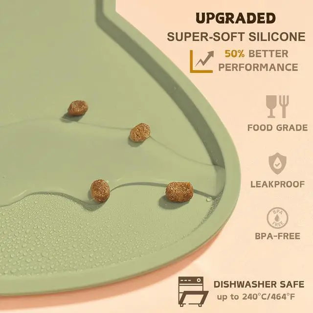 Alt view image 3 of 7 - Cat Food Mat, Silicone Non Slip Dog Bowl Mat Waterproof Cat Feeding Mat Stop Food Spills and Water Messes Out to Floor Pet Food Mat (Sage Green, 17" x 10")