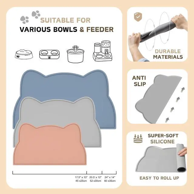 Alt view image 5 of 7 - Cat Food Mat, Silicone Non Slip Dog Bowl Mat Waterproof Cat Feeding Mat Stop Food Spills and Water Messes Out to Floor Pet Food Mat (Sage Green, 17" x 10")