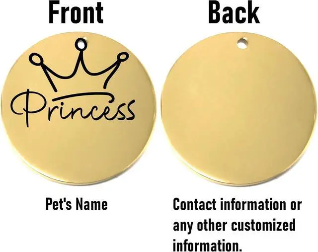 Alt view image 2 of 7 - Laser Engraved Stainless Steel Pet Name Tags Personalized on Both Sides for Pet Collar - Dog ID Tag, Dog Name Tag, Cat ID Tag, Cat Name Tag (Gold - Princess, Small)