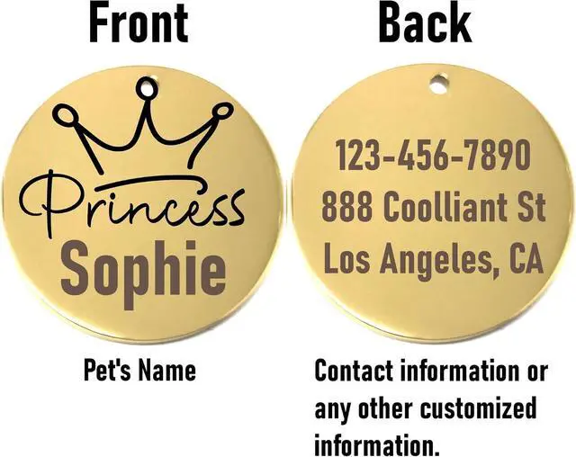 Alt view image 4 of 7 - Laser Engraved Stainless Steel Pet Name Tags Personalized on Both Sides for Pet Collar - Dog ID Tag, Dog Name Tag, Cat ID Tag, Cat Name Tag (Gold - Princess, Small)