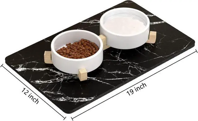 Alt view image 2 of 7 - Dog Food Mat, 12" x 19" Marble Absorbent Dog Cat Bowl Mat for Food and Water, Cute Anti-Slip Rubber Pet Feeding Rug Protect Floors, Puppy Placemat for Feeding & Watering Supplies, Black