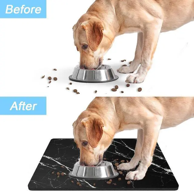Alt view image 6 of 7 - Dog Food Mat, 12" x 19" Marble Absorbent Dog Cat Bowl Mat for Food and Water, Cute Anti-Slip Rubber Pet Feeding Rug Protect Floors, Puppy Placemat for Feeding & Watering Supplies, Black