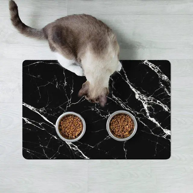 Alt view image 7 of 7 - Dog Food Mat, 12" x 19" Marble Absorbent Dog Cat Bowl Mat for Food and Water, Cute Anti-Slip Rubber Pet Feeding Rug Protect Floors, Puppy Placemat for Feeding & Watering Supplies, Black