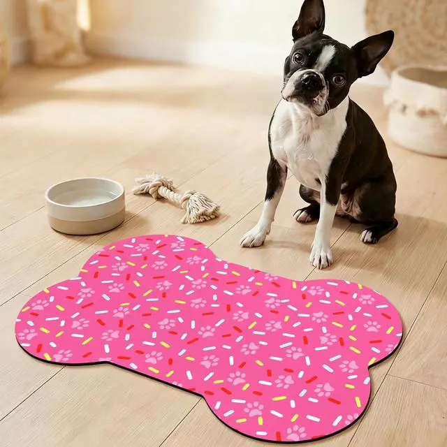 Alt view image 7 of 7 - Bone Shaped Dog Food Mat, Absorbent Waterproof Non-Slip Pet Cat Bowl Mat for Food & Water Pet Supplies Pink 19"*12"
