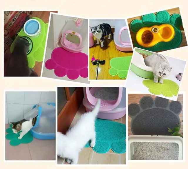 Alt view image 7 of 7 - PVC Pet Dog Cat Puppy Kitten Dish Bowl Food Water Feeding Placemat, Non-Slip Cat Litter Mat Paw Shape, Grey Small