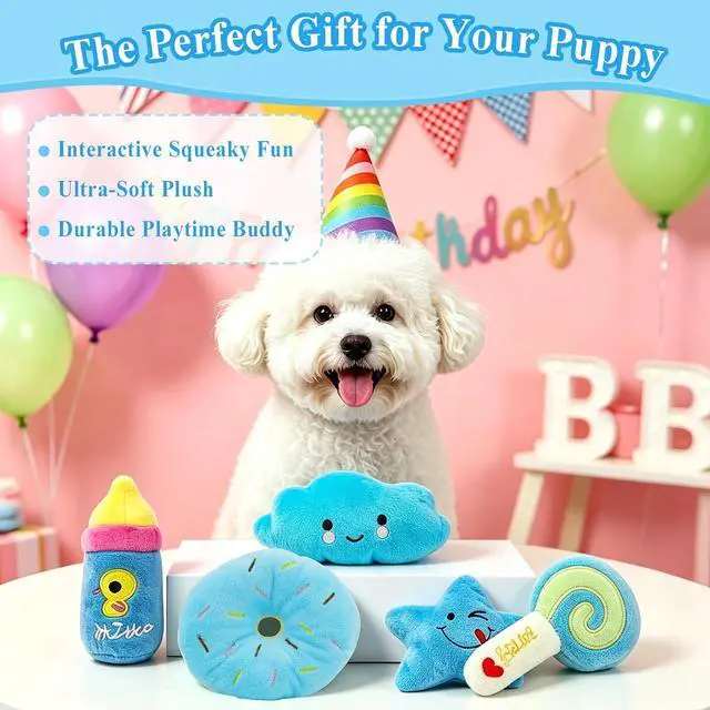 Alt view image 7 of 7 - Small Dog Toys 5 Pack, Squeaky Plush Puppy Toys,Blue | Soft Cute Interactive Chew Teething Toys for Small Breed Dogs