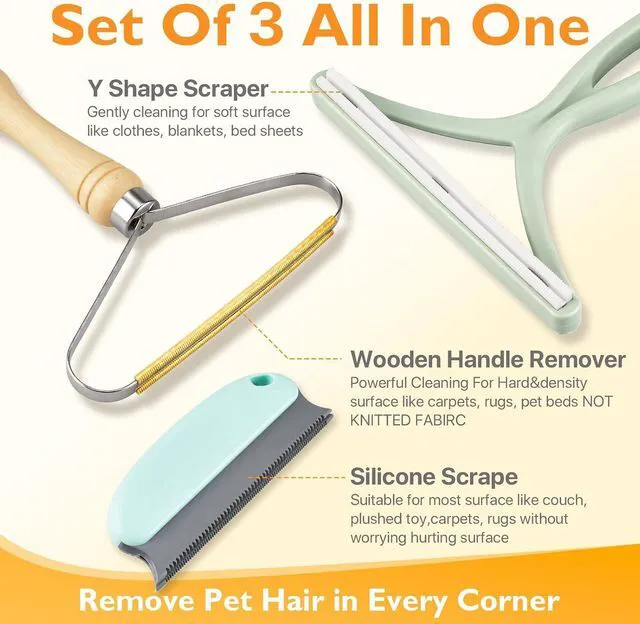 Alt view image 5 of 6 - Pet Hair Removal Tool 3 Pack Dog Cat Hair Remover Carpet Scraper Rake Fur Removal Brush Lint Remover Shaver for Car Furniture Couch Green