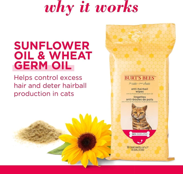 Alt view image 2 of 7 - Burt's Bees for Pets Anti-Hairball Wipes for Cats, Sunflower Oil and Wheat Germ Oil, 98% Natural Origin, Cruelty-Free Cat Hairball Remedy Wipes, pH Balanced, Made in the USA, 50 Count | Sunflower and