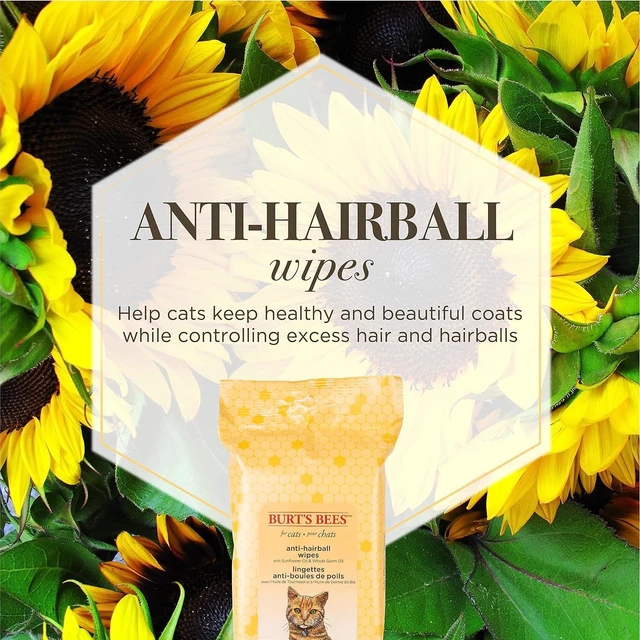 Alt view image 3 of 7 - Burt's Bees for Pets Anti-Hairball Wipes for Cats, Sunflower Oil and Wheat Germ Oil, 98% Natural Origin, Cruelty-Free Cat Hairball Remedy Wipes, pH Balanced, Made in the USA, 50 Count | Sunflower and