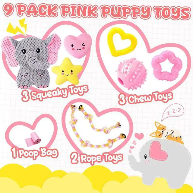 Alt view image 2 of 7 - Pink Puppy Toys - 9 Pack Puppy Chew Toys for Teething, Enrichment Dog Toys for Small Dogs to Keep Them Busy, Squeaky Plush Toy for Boredom