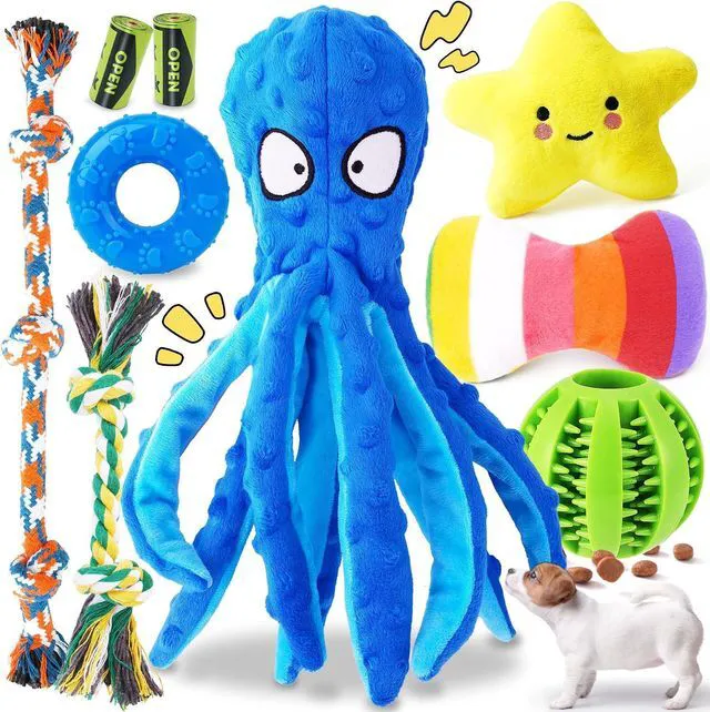 Main image of 9 Pack Puppy Toys Set for Small Dogs, Teething & Interactive Play | No-Stuffing Octopus-Shaped Toy, Squeaky & Crinkle Sounds, Interactive Tugging, Keep Dogs Busy, Indoor & Outdoor Play