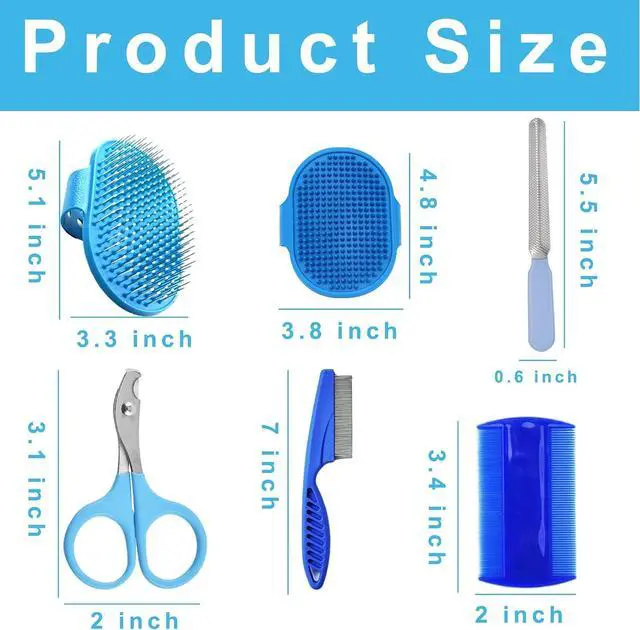 Alt view image 2 of 7 - 6Pcs Grooming Kit with Brush, Hair Remover, Shampoo Brush, Double-Sided Comb, Nail Clipper and Trimmer for Rabbits, Hamsters, Bunnies, and Guinea Pigs - Blue