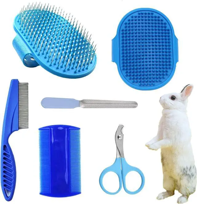 Main image of 6Pcs Grooming Kit with Brush, Hair Remover, Shampoo Brush, Double-Sided Comb, Nail Clipper and Trimmer for Rabbits, Hamsters, Bunnies, and Guinea Pigs - Blue
