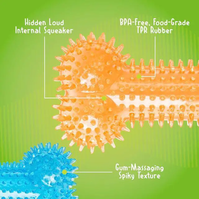 Alt view image 5 of 7 - Dog Toys - 6.5 Spiky Squeaker Bone - Medium - Dental & Gum Wellness - Stimulating Fun - Hidden Squeaker - Durable for Heavy Chewers - 100% BPA-Free - Assorted Colors