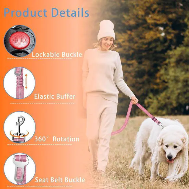 Alt view image 2 of 7 - 3-Piece Dog Car Harness Set - Retractable, Adjustable, Reflective Dog Seatbelt for Vehicle Headrests - Heavy Duty & High Elastic, Pink