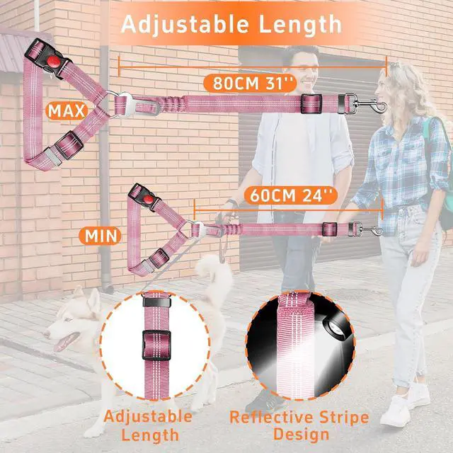 Alt view image 6 of 7 - 3-Piece Dog Car Harness Set - Retractable, Adjustable, Reflective Dog Seatbelt for Vehicle Headrests - Heavy Duty & High Elastic, Pink