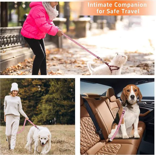 Alt view image 7 of 7 - 3-Piece Dog Car Harness Set - Retractable, Adjustable, Reflective Dog Seatbelt for Vehicle Headrests - Heavy Duty & High Elastic, Pink