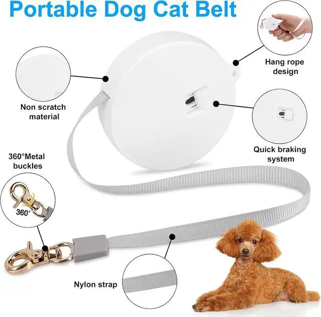 Alt view image 3 of 6 - Retractable Dog Leash for Small Dogs Cats up to 11lbs with 6.5ft Anti-Pull Strong Nylon Tape, Hands Free, Mini and Portable Walking Leash with Wrist Strap, One-Hand Brake, White Round