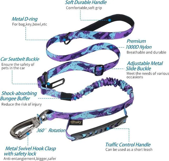 Alt view image 2 of 7 - Tactical Bungee Shock Absorbing No Pull Dog Leash,Purple Camo,4-6FT | Heavy Duty for Medium Large Dogs That Pull up to 660 lb,with Padded Double Handle Car Seatbelt,360° Rotating Locking Clasp