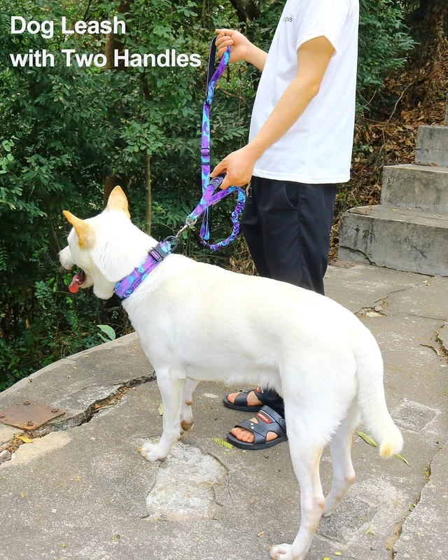 Alt view image 3 of 7 - Tactical Bungee Shock Absorbing No Pull Dog Leash,Purple Camo,4-6FT | Heavy Duty for Medium Large Dogs That Pull up to 660 lb,with Padded Double Handle Car Seatbelt,360° Rotating Locking Clasp