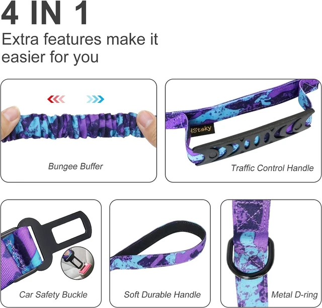 Alt view image 4 of 7 - Tactical Bungee Shock Absorbing No Pull Dog Leash,Purple Camo,4-6FT | Heavy Duty for Medium Large Dogs That Pull up to 660 lb,with Padded Double Handle Car Seatbelt,360° Rotating Locking Clasp