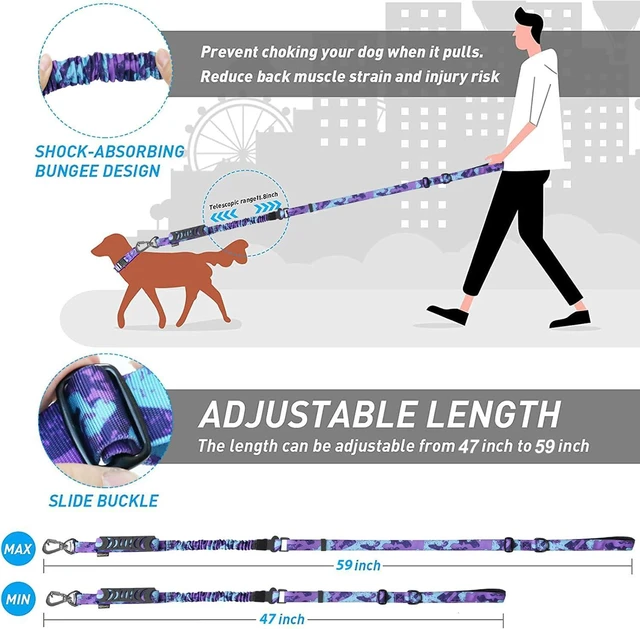 Alt view image 6 of 7 - Tactical Bungee Shock Absorbing No Pull Dog Leash,Purple Camo,4-6FT | Heavy Duty for Medium Large Dogs That Pull up to 660 lb,with Padded Double Handle Car Seatbelt,360° Rotating Locking Clasp