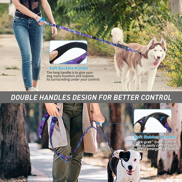 Alt view image 7 of 7 - Tactical Bungee Shock Absorbing No Pull Dog Leash,Purple Camo,4-6FT | Heavy Duty for Medium Large Dogs That Pull up to 660 lb,with Padded Double Handle Car Seatbelt,360° Rotating Locking Clasp
