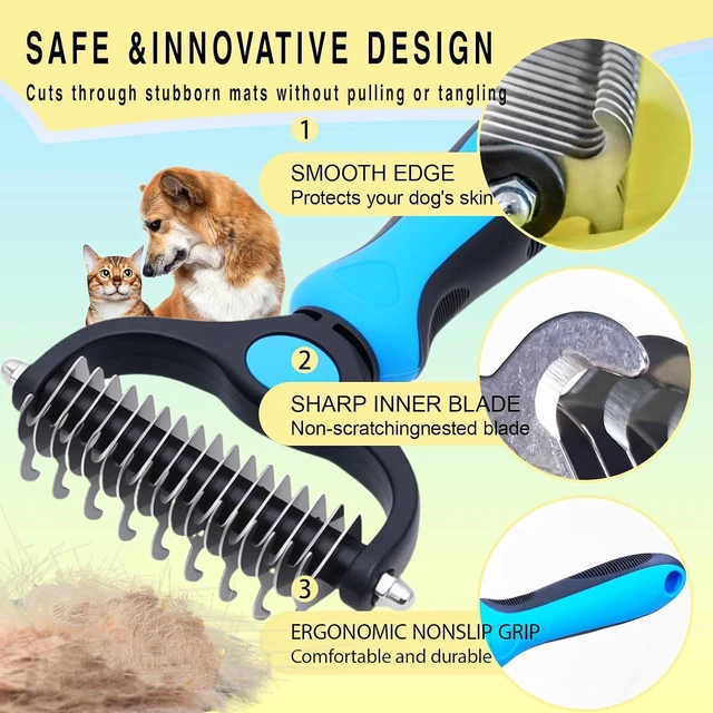 Alt view image 5 of 6 - Pet Grooming Rake for Dogs & Cats - Double-Sided Deshedding and Dematting Tool, Gently Remove 95% of Loose Undercoat & Mats for Long-Haired Pets, Painless Fur Brush for Shedding Control (Blue)