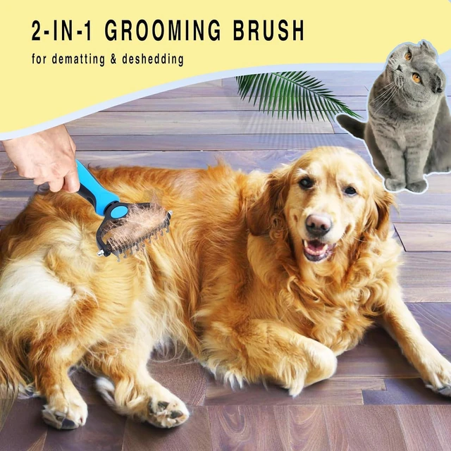 Alt view image 6 of 6 - Pet Grooming Rake for Dogs & Cats - Double-Sided Deshedding and Dematting Tool, Gently Remove 95% of Loose Undercoat & Mats for Long-Haired Pets, Painless Fur Brush for Shedding Control (Blue)