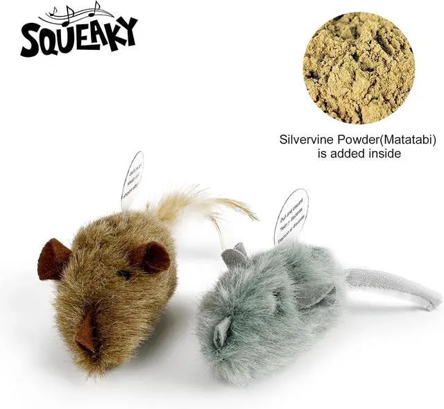 Alt view image 3 of 7 - 2 Pack Squeaky Furry Mouse Cat Toys with Silvervine, Realistic Fluffy Mice Kitten Interactive Hunting Toy, Noise-Making Cat Prey Toy for Indoor Cats, Boredom Relief Teaser Chew Toy.