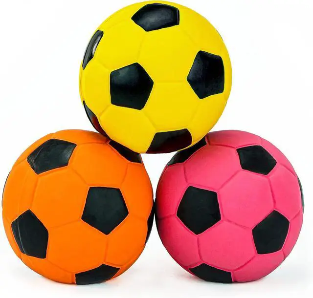 Alt view image 3 of 7 - 3PCS 2.7'' Squeak Latex Dog Toy Football Fetch Ball for Medium Dogs | Chew Throw Interactive Play, Soft Squeaky Bouncy Balls Toys for Indoor Outdoor Games,Assorted Colors