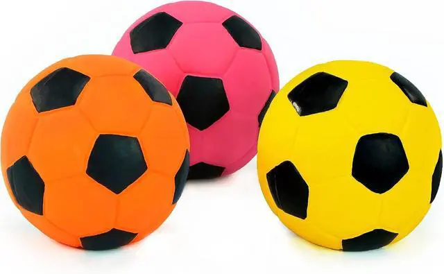 Alt view image 4 of 7 - 3PCS 2.7'' Squeak Latex Dog Toy Football Fetch Ball for Medium Dogs | Chew Throw Interactive Play, Soft Squeaky Bouncy Balls Toys for Indoor Outdoor Games,Assorted Colors