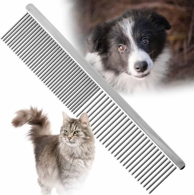 Main image of Flat Back Pet Grooming Comb Chrome Plated Steel Comb with Fine & Coarse Teeth for Dogs, Cats, Puppies Detangling, Deshedding, Dematting Tool for Long or Short Hair - 7.5" L, 1-1/4" teeth