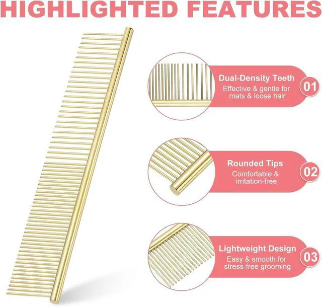 Alt view image 4 of 7 - Dog Cat Comb, Pet Combs Stainless Steel Teeth with Rounded Ends for Knots Mats Loose Hair Removal, 7.5IN (Gold Plated, 3 Pack), Grooming Tool Intended for Long Curly Hair Pet