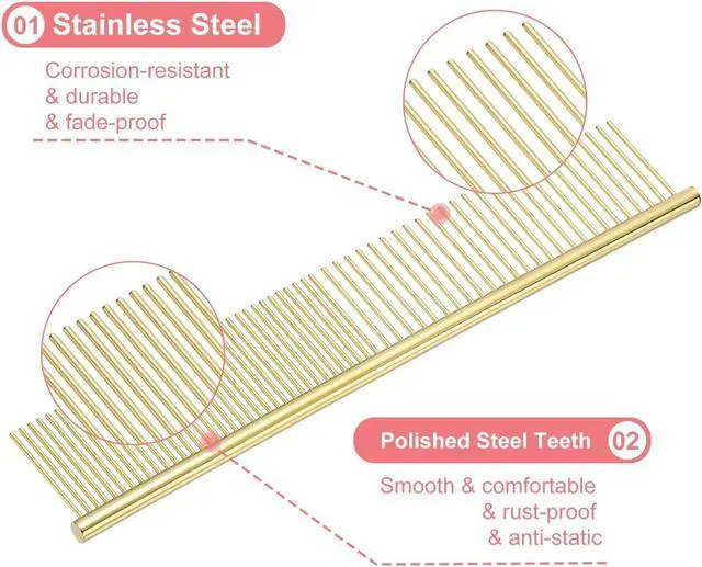 Alt view image 3 of 7 - Dog Cat Comb, Pet Combs Stainless Steel Teeth with Rounded Ends for Knots Mats Loose Hair Removal, 7.5IN (Gold Plated, 3 Pack), Grooming Tool Intended for Long Curly Hair Pet