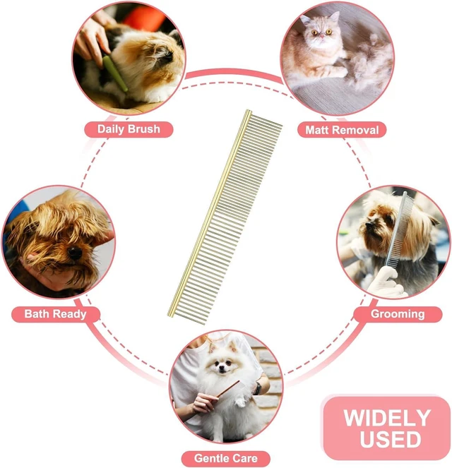 Alt view image 7 of 7 - Dog Cat Comb, Pet Combs Stainless Steel Teeth with Rounded Ends for Knots Mats Loose Hair Removal, 7.5IN (Gold Plated, 3 Pack), Grooming Tool Intended for Long Curly Hair Pet