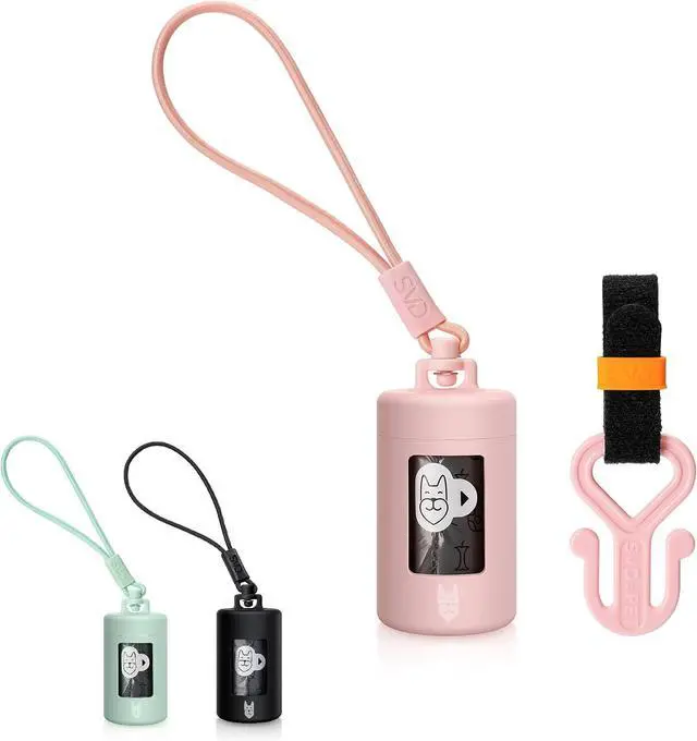 Main image of Retractable Dog Poop Bag Dispenser and Waste Bag Holder Kit - Pink | Lightweight, Stretchy Strap Fits Any Dog Leash, Leak-Proof Bag Starter Roll Included, Dog Essentials for Walking and Travel