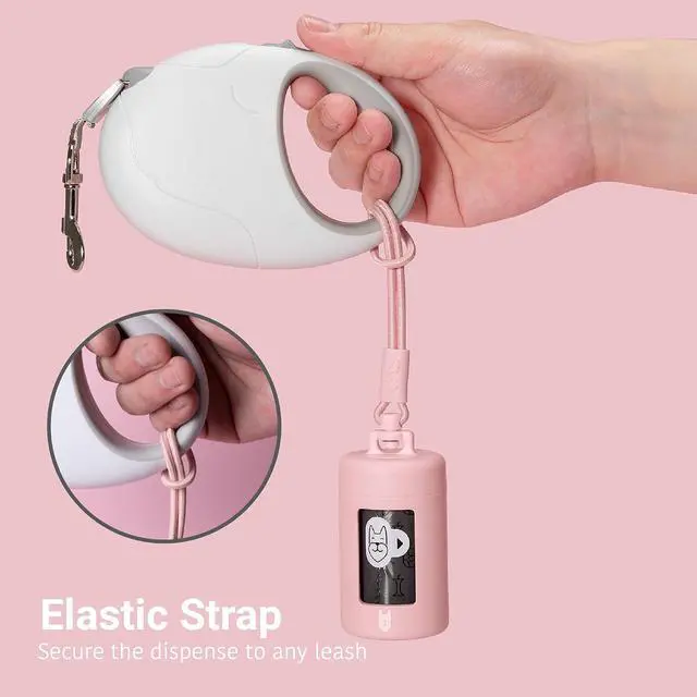 Alt view image 3 of 7 - Retractable Dog Poop Bag Dispenser and Waste Bag Holder Kit - Pink | Lightweight, Stretchy Strap Fits Any Dog Leash, Leak-Proof Bag Starter Roll Included, Dog Essentials for Walking and Travel