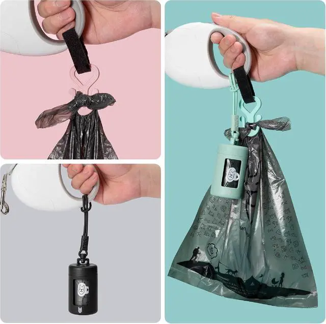 Alt view image 6 of 7 - Retractable Dog Poop Bag Dispenser and Waste Bag Holder Kit - Pink | Lightweight, Stretchy Strap Fits Any Dog Leash, Leak-Proof Bag Starter Roll Included, Dog Essentials for Walking and Travel