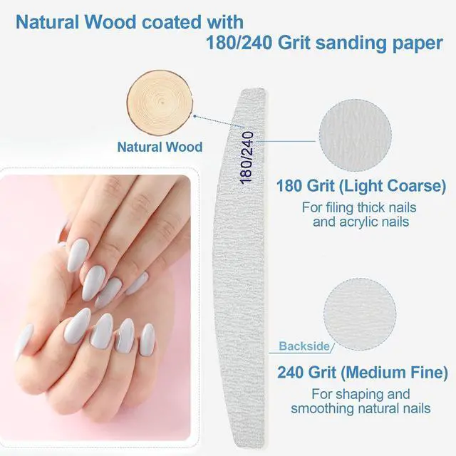 Alt view image 3 of 7 - Nail Files (12 Pack), 180/240 Grit Wooden Emery Board Nail File Double Sided Wood Emory Fingernail Files for Natural Nails Professional Reusable Manicure Pedicure Curved