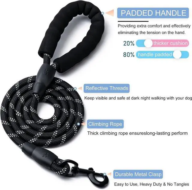 Alt view image 2 of 7 - 2 Pack Dog Leash, Heavy Duty Nylon Rope Pet Leashes (5FT-3/8,Red/Purple) | Comfortable Padded Handle, Anti-tangle Swivel Clip, Reflective for Night Walks and Training, Climbing Rope for Strong Pullers