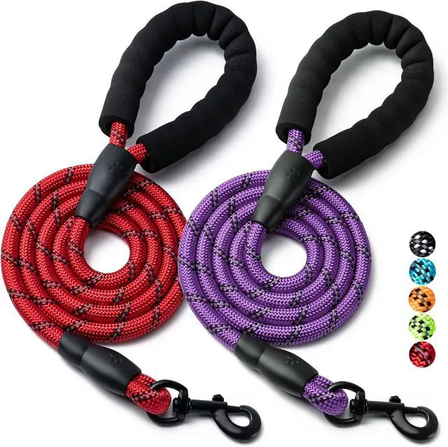Main image of 2 Pack Dog Leash, Heavy Duty Nylon Rope Pet Leashes (5FT-3/8,Red/Purple) | Comfortable Padded Handle, Anti-tangle Swivel Clip, Reflective for Night Walks and Training, Climbing Rope for Strong Pullers
