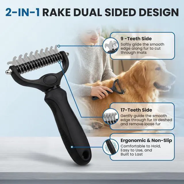 Alt view image 2 of 7 - Double-Sided Pet Grooming Rake - 4-in-1 Professional Pet Grooming Kit Deshedding Dematting Tool for Dogs Cats Extra-Wide Grooming Brush & Deshedder Comb for Long & Short Haired Pets (Black Kit 4PCS)