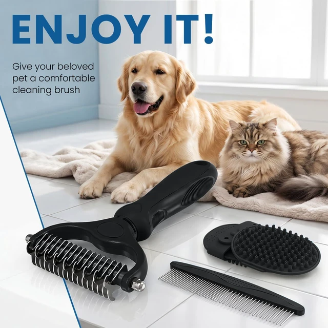 Alt view image 7 of 7 - Double-Sided Pet Grooming Rake - 4-in-1 Professional Pet Grooming Kit Deshedding Dematting Tool for Dogs Cats Extra-Wide Grooming Brush & Deshedder Comb for Long & Short Haired Pets (Black Kit 4PCS)
