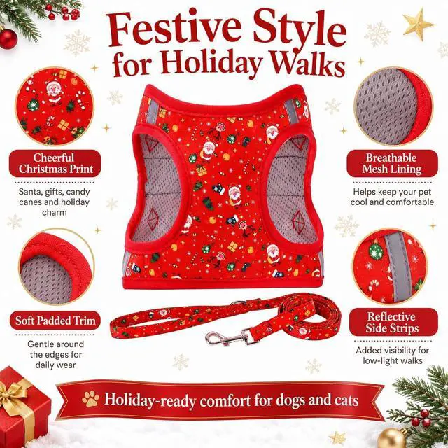 Alt view image 2 of 6 - Step in Christmas Xmas Day Dog Harness Leash Set- All Weather Reflective No-Pull Floral Pattern Padded Mesh Vest Harness for Cats Puppy Extra-Small Small Medium Large Dogs - XS