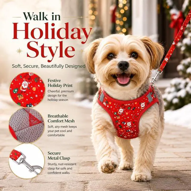Alt view image 3 of 6 - Step in Christmas Xmas Day Dog Harness Leash Set- All Weather Reflective No-Pull Floral Pattern Padded Mesh Vest Harness for Cats Puppy Extra-Small Small Medium Large Dogs - XS