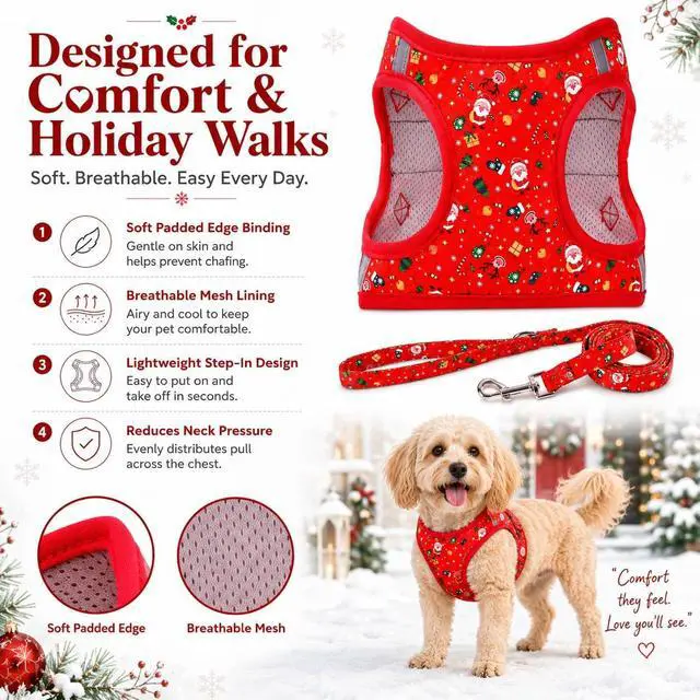 Alt view image 4 of 6 - Step in Christmas Xmas Day Dog Harness Leash Set- All Weather Reflective No-Pull Floral Pattern Padded Mesh Vest Harness for Cats Puppy Extra-Small Small Medium Large Dogs - XS