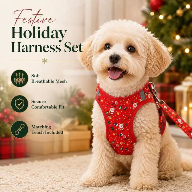 Alt view image 5 of 6 - Step in Christmas Xmas Day Dog Harness Leash Set- All Weather Reflective No-Pull Floral Pattern Padded Mesh Vest Harness for Cats Puppy Extra-Small Small Medium Large Dogs - XS